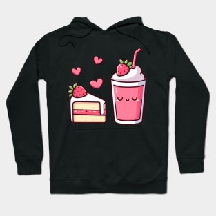 Cute Kawaii Strawberry Milkshake and Cake in Love | Kawaii Food Gift for Couples Hoodie